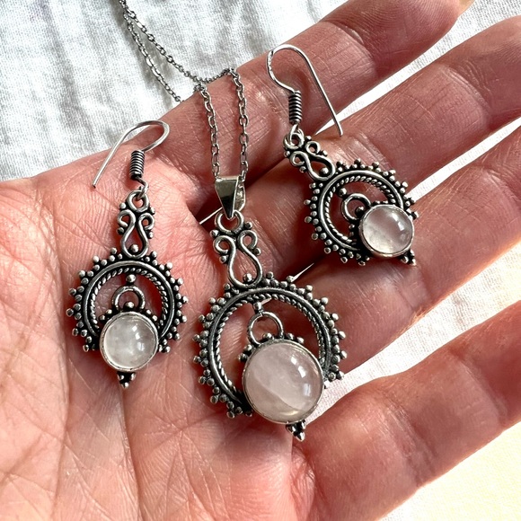 925 Ornamental Rose Quartz Earrings + Necklace SET - Picture 5 of 10